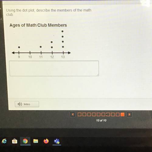Using the dot plot, describe the members of the math club x Ages of Math Club Members + 9 + 10 + 11