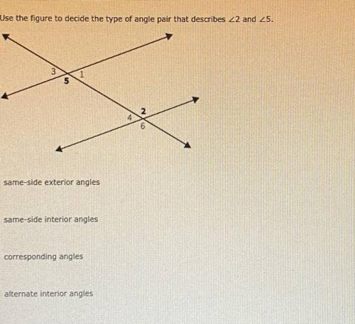 Use the figure to decide the type of angle pair that describes <2 and <5. a. same-side exteri