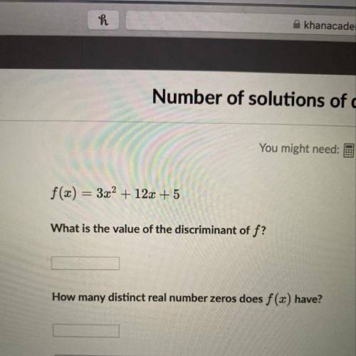 PLEASE HELPP!  F(x)=3x^2+12x+5  What is the value of the discrimination of F?  How many distinct re