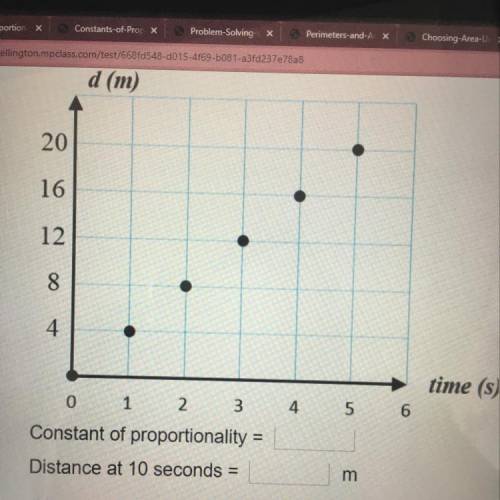 FIND THE CONSTANT OF PROPORTIONALITY FOR THE RELATIONSHIP PLOTTED IN THE DISTANCE VERSUS TIME GRAPH