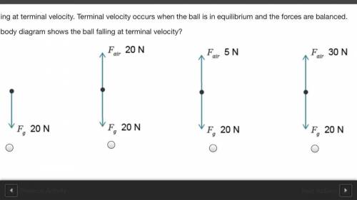 A ball is falling at terminal velocity. Terminal velocity occurs when the ball is in equilibrium an