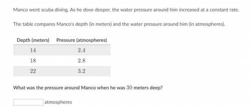 Manco went scuba diving. As he dove deeper, the water pressure around him increased at a constant r