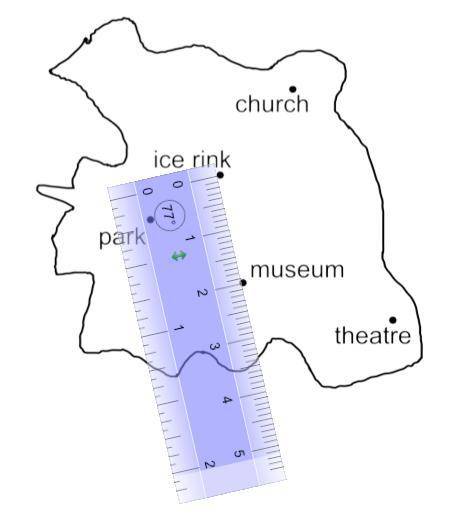 Here is a map of a town.

The map shows a centimetre ruler.
2 km is represented by 1 cm.
Find the