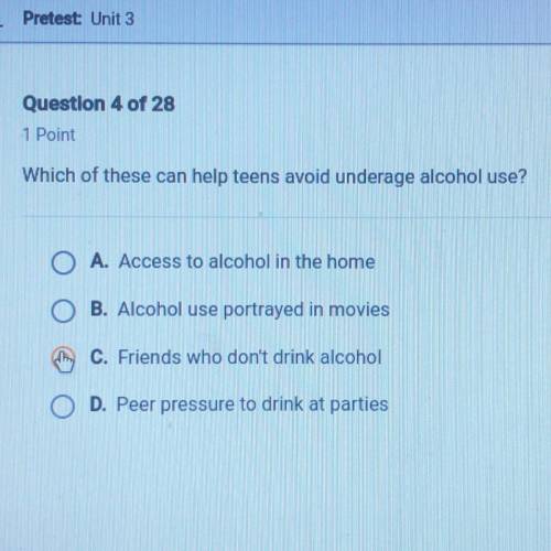 Which of these can help teens avoid underage alcohol use?
HELP ASAP