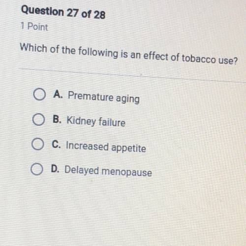 Which of the following is an effect of tobacco use? HELP PLEASE