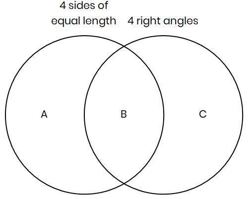 This Venn diagram has three regions.

In which region does any rhombus belong?
A
B
C