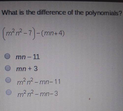 What is the difference of the polynomials?(m2n2 - 7) - (mn + 4)