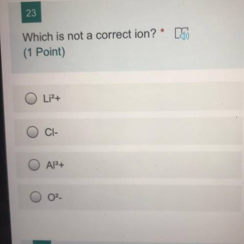 Which is not a correct ion?
li2+
cl-
Al3
O2-
