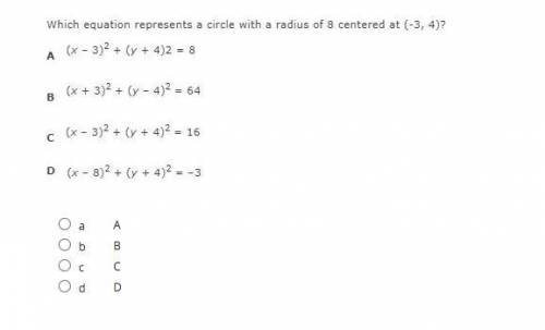 Which equation represents a circle with a radius of 8 centered at (-3,4)