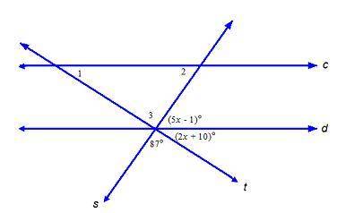 Lines c and d are parallel.Which statements about the relationships between the angle measures are