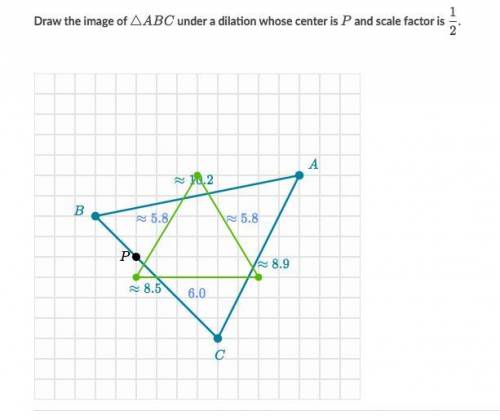 Draw the image of △ABC under a dilation whose center is P and scale factor is 1/2