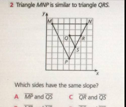 Triangle MNP is similar to triangle QRS. Which sides have the same slope?
