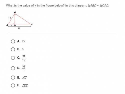 What is the value of x in the figure below? In this diagram, ABD is similar to CAD ASAP