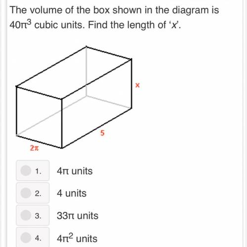 The volume of the box shown in the diagram is 40π3 cubic units. Find the length of ‘x’.