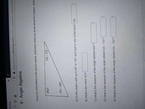 Angle algebra

Do the angles add up to 90 or 180
What is the value of x
What is the measure of the