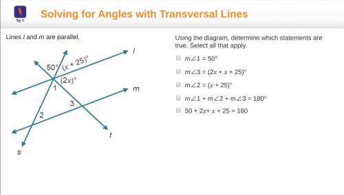 Lines l and m are parallel. Parallel lines l and m are intersected by lines s and t. At the interse