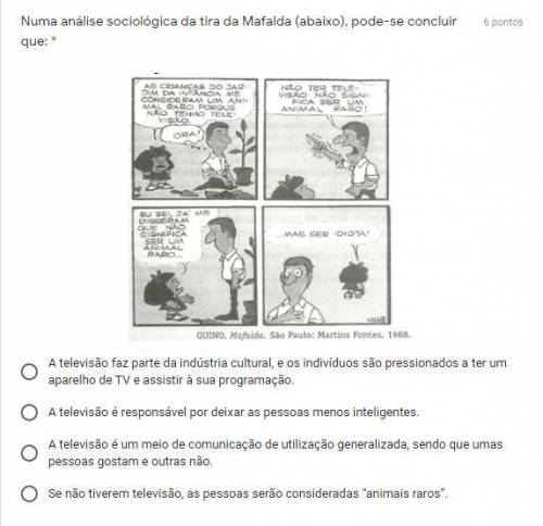 Numa análise sociológica da tira da Mafalda (abaixo), pode-se concluir que: *

6 pontos
Imagem sem