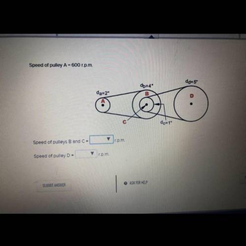 PLEASE HELP ????

PLEASE HELP ?
Speed of pulley A=600 r.p.m.
Speed of pulleys B and C = A : 300 B: