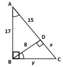 What are the values of x and y?

Answer choices - 
A) x= 136/15, y=17/15
B) x= 64/15, y=17/15
C) x