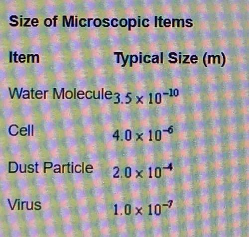 The table shows the size in meters of four different microscopic items... Ran the items in order by