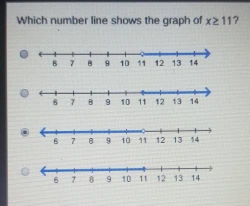Which number line shows the graph of x 11?

mbam10 11 12 13BmiamB910 11 12 13 14297umal9 10 11 12