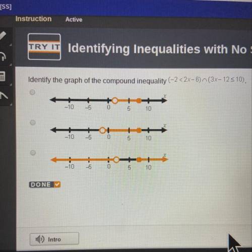 Identify the graph of the compound inequality (-2 <2x-6) (3x- 12510).

-10 -5
0
LO
10
+01
-5 0
