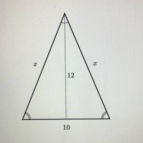 Find the value of x in the isosceles triangle shown below 
Thank you!