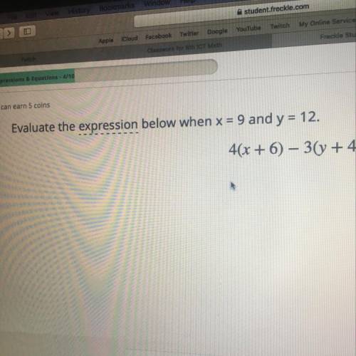 Evaluate the expression below when x = 9 and y = 12.
4(x + 6) - 3(y + 4)