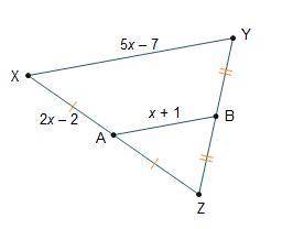 PLEASE HELP

Point A is the midpoint of side XZ and point B is the midpoint of side YZ. What is AX