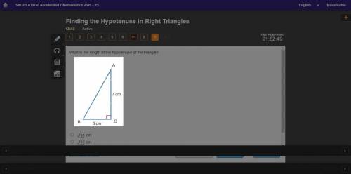 What is the length of the hypotenuse of the triangle?
√20cm
√23cm
√40cm
√58 cm