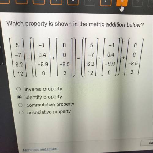 Which property is shown in the matrix addition below?

inverse property
identity property
commutat