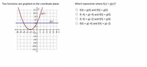 Two functions are graphed on the coordinate plane. On a coordinate plane, a curved line with an upw