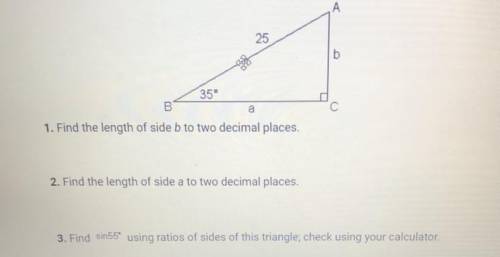 For questions 1-3, use the triangle below.

1. Find the length of side b to two decimal places.
2.