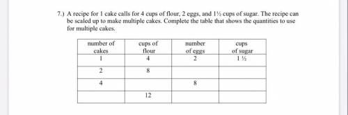 7.) A recipe for 1 cake calls for 4 cups of flour, 2 eggs, and 1/2 cups of sugar. The recipe can