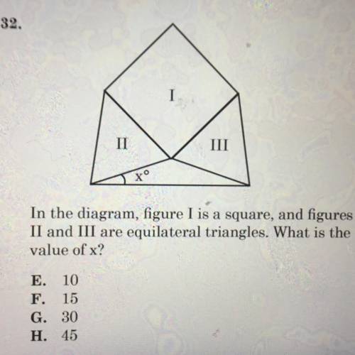 In the diagram, figure I is a square, and figures II and III are equilateral triangles. What is the