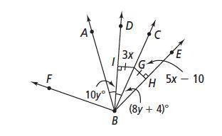 If m angle F B A equals 7 x plus 6 y, what is m angle F B A?

Select one:
A. 40
B. 44
C. 47
D. 60