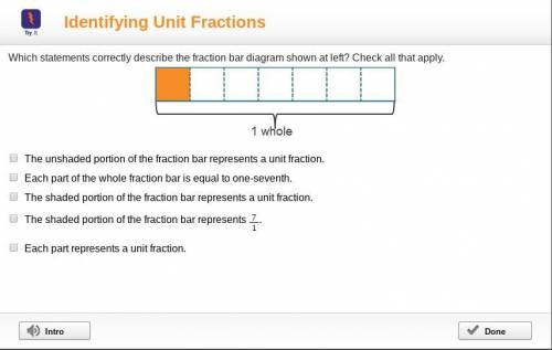 Which statements correctly describe the fraction bar diagram shown at left? Check all that apply.