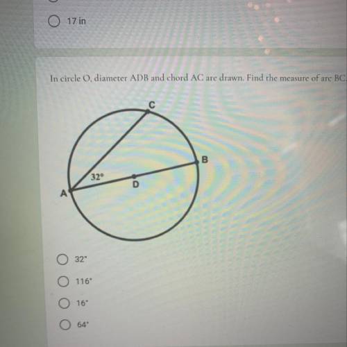 In circle o, diameter ADB and chord AC are drawn. Find the measure of arc BC. Please help