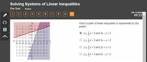 Which system of linear inequalities is represented by the graph? y > One-thirdx + 3 and 3x – y &