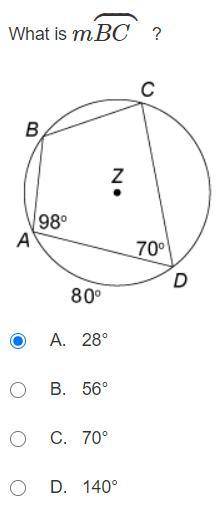 What is the measure of arc BC? A. 28 degrees B. 56 degrees C. 70 degrees D. 140 degrees