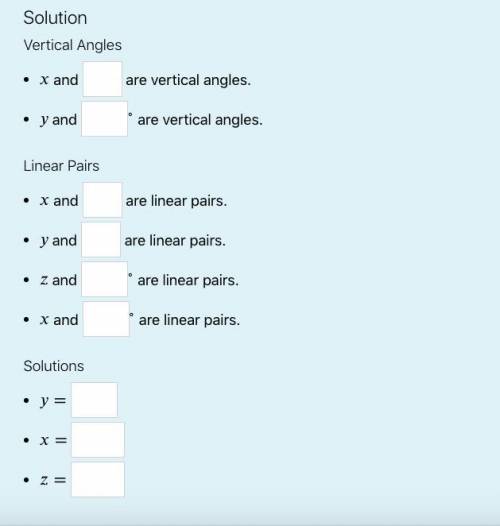 Using the image below, identify the angles that are vertical angles, list the angles that are linea