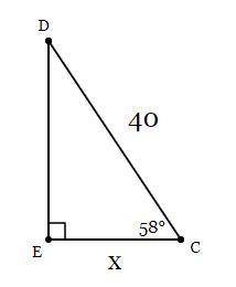 In ΔCDE, the measure of ∠E=90°, the measure of ∠C=58°, and CD = 40 feet. Find the length of EC to t