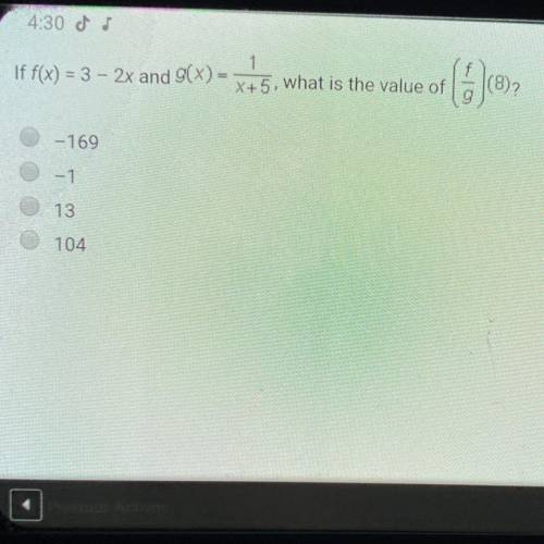 If f(x)=3-2x and g(x)=1/x+5, what is the value of (f/g)(8)