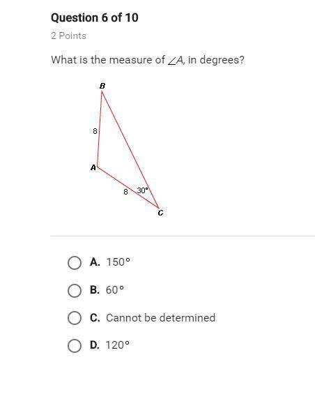 What is the measure of < A, In degrees?