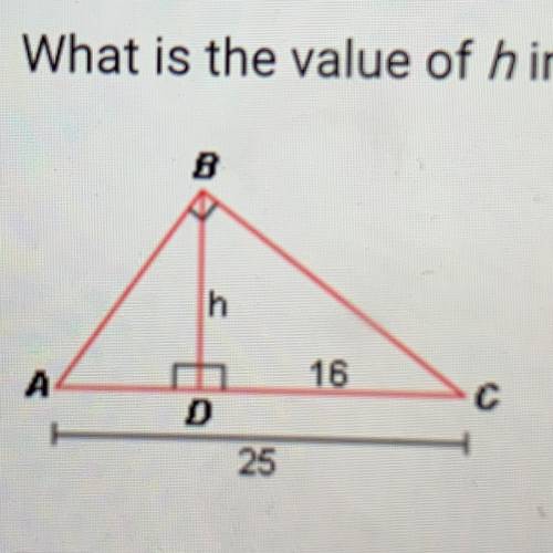 What is the value of h in the figure below? In this diagram, /\BAD ~ /\CBD.

A. 25/9
B. 16
C. 15