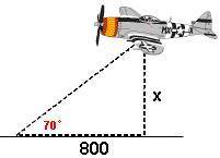 Choose the equation you would use to find the altitude of the airplane. tan70 = 800/x sin70 = x/800
