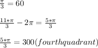 \frac{\pi }{3} = 60\\\\ \frac{11*\pi}{3} - 2\pi  = \frac{5*\pi }{3}\\\\\frac{5*\pi }{3} = 300 (fourth quadrant)\\\\