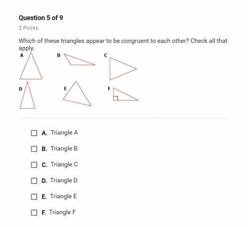 Which of these triangles appear to be congruent to each other? check all that apply