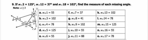 If m∠2 = 125°, m∠12 = 37° and m∠18 = 102°, find the measure of each missing angle. Note: a ║ b