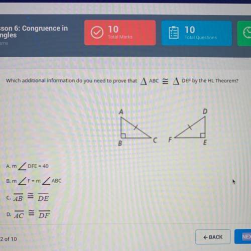 Which additional information do you need to prove that triangle ABC is congruent to triangle DEF by